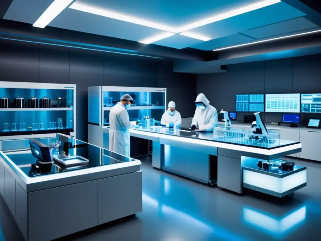 Un laboratorio futurista de alta tecnología donde científicos trabajan en experimentos de nanotecnología, rodeados de avanzados equipos y tecnología