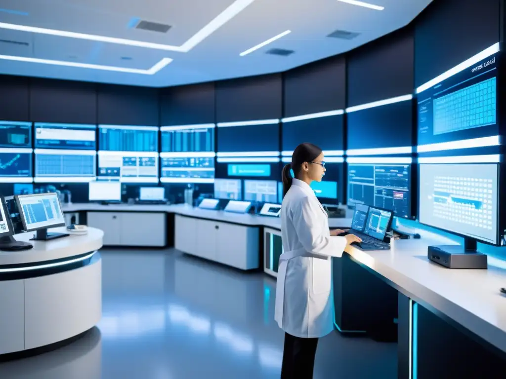 Un laboratorio futurista de alta tecnología con científicos trabajando en tecnología ARN interferente