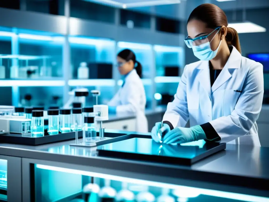 Un laboratorio futurista de alta tecnología con científicos en batas blancas realizando experimentos de biotecnología avanzada