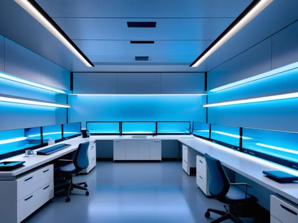 Un laboratorio futurista de biotecnología con científicos en batas blancas realizando investigación y análisis, iluminado con luz LED azul