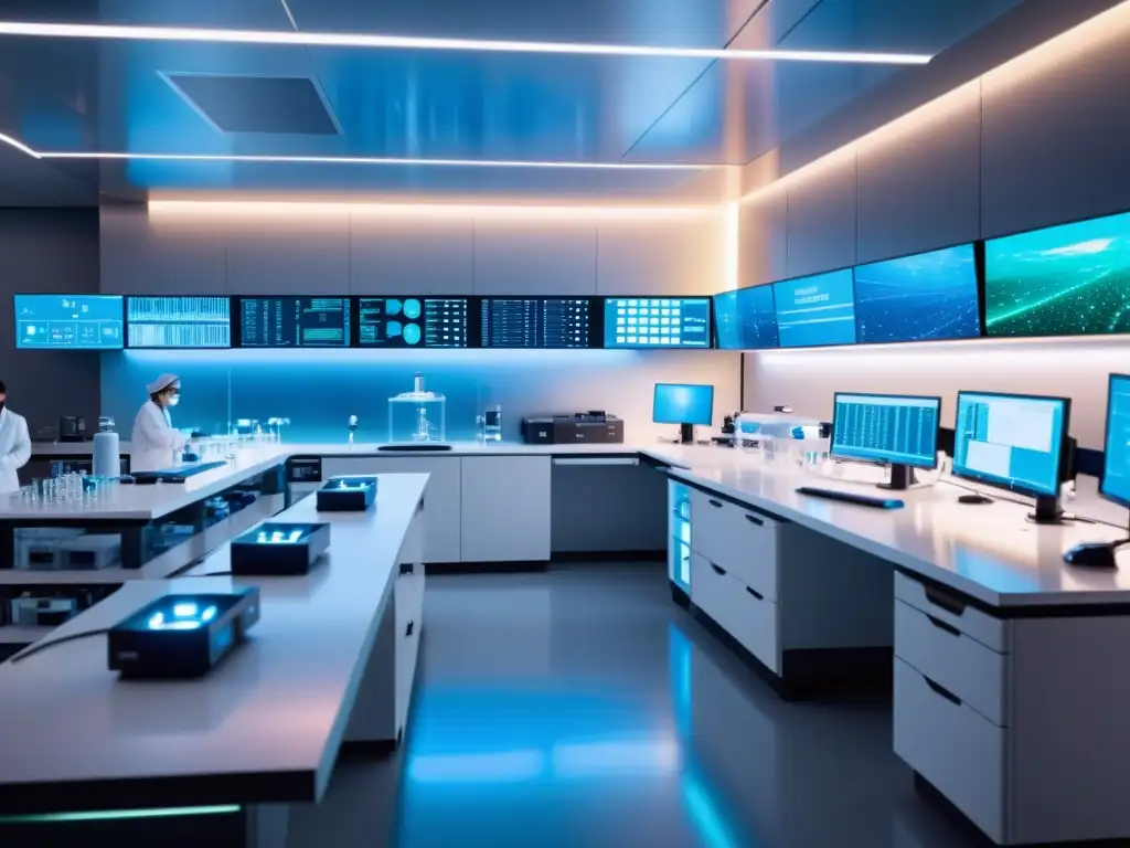 Un laboratorio futurista de biotecnología en 8k, con científicos en movimiento y avanzados equipos