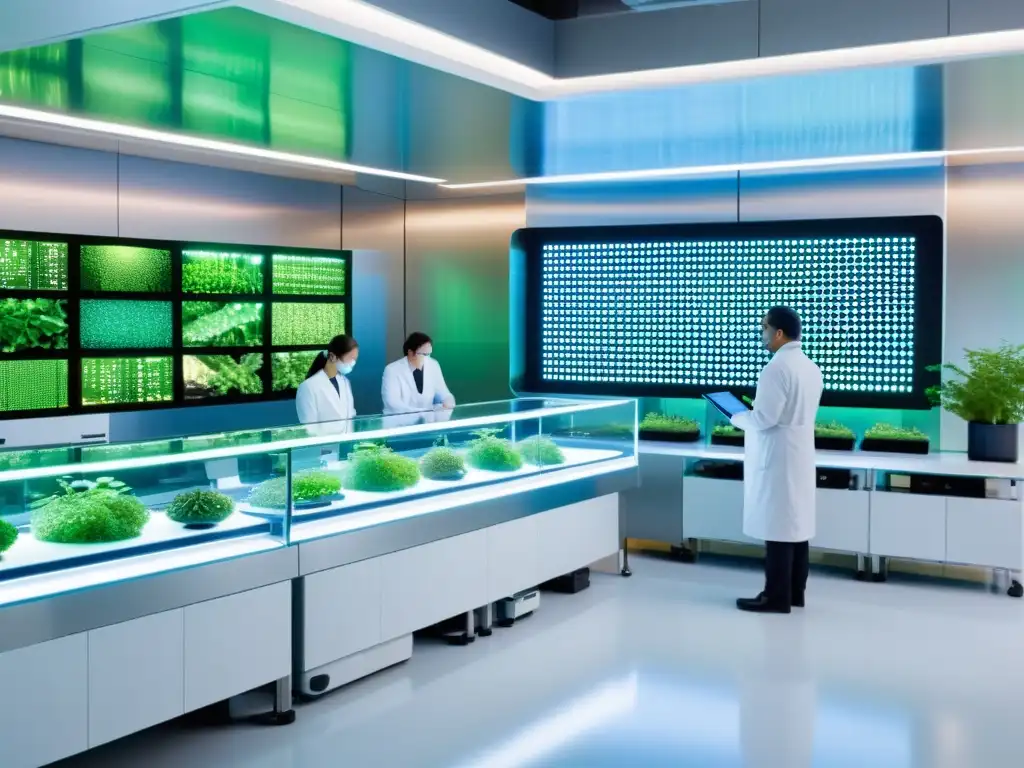Un laboratorio futurista de biotecnología industrial con científicos en batas blancas, pantallas LED brillantes y vegetación exuberante