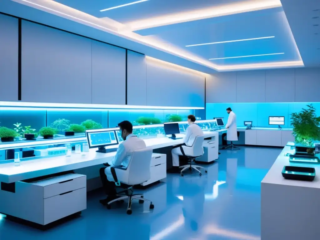 Un laboratorio de investigación biotecnológica futurista con científicos en batas blancas realizando experimentos vanguardistas