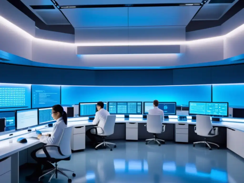Un laboratorio futurista con científicos en batas blancas analizando datos en pantallas holográficas