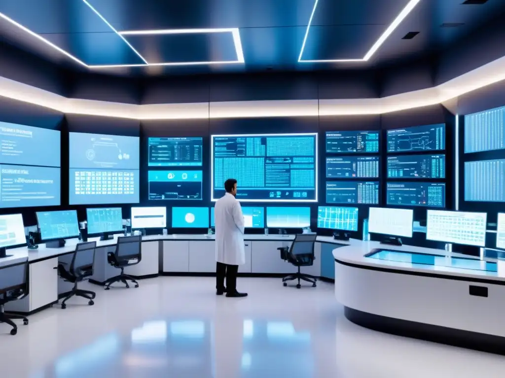 Un laboratorio futurista con científicos en batas blancas trabajando en equipos de alta tecnología, rodeados de pantallas brillantes con fórmulas químicas y secuencias genéticas