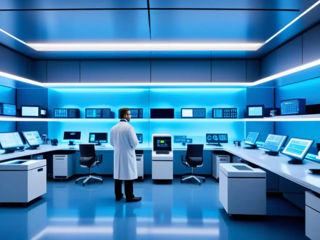 Un laboratorio futurista con científicos, equipamiento de alta tecnología y pantallas con secuencias genéticas