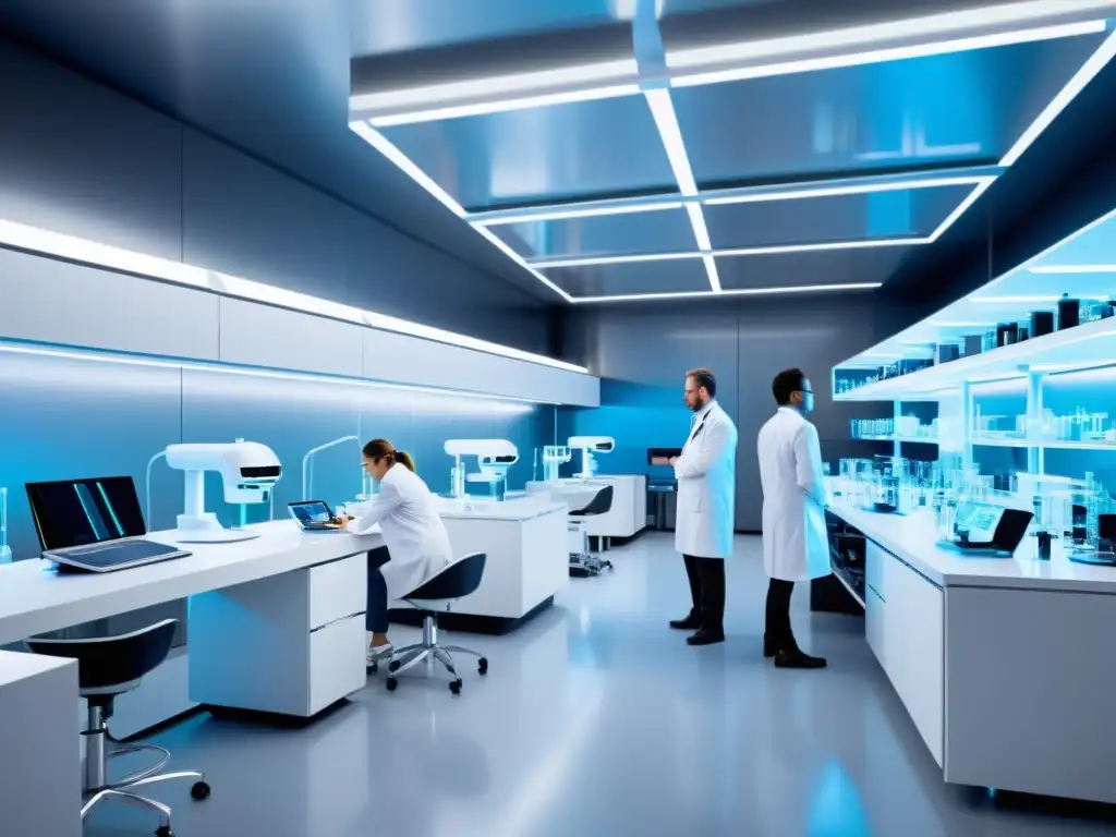 Un laboratorio futurista con científicos trabajando en equipamiento médico avanzado