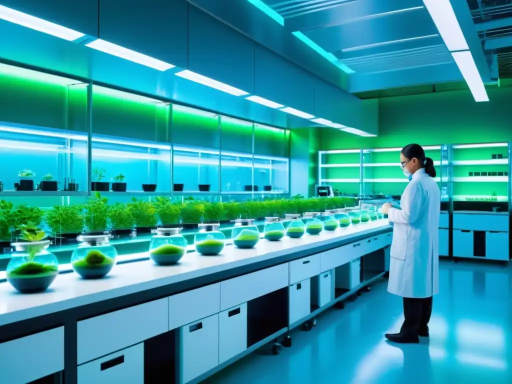 Un laboratorio futurista con científicos manipulando material genético de plantas bajo la mirada de IA, en un ambiente sereno y tecnológico
