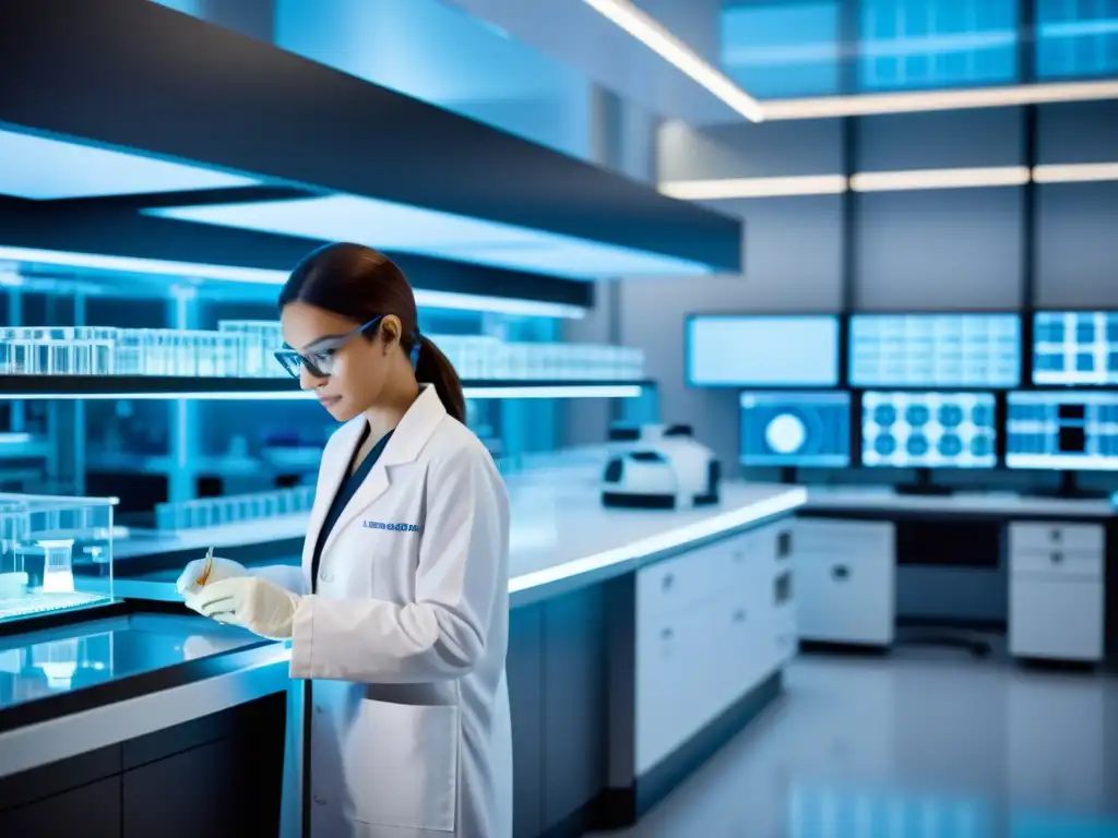 Un laboratorio futurista con científicos investigando inmunoterapia y medicina personalizada en un entorno innovador y dinámico