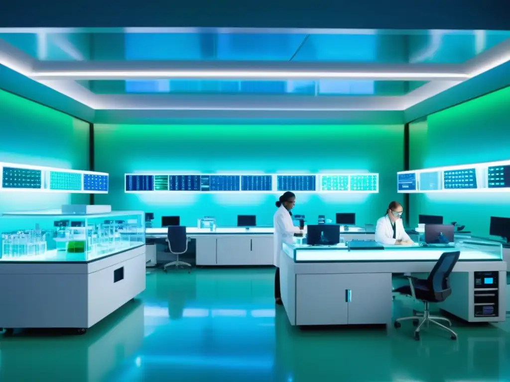 Un laboratorio futurista con científicos manipulando ADN, pantallas transparentes y luces azules y verdes