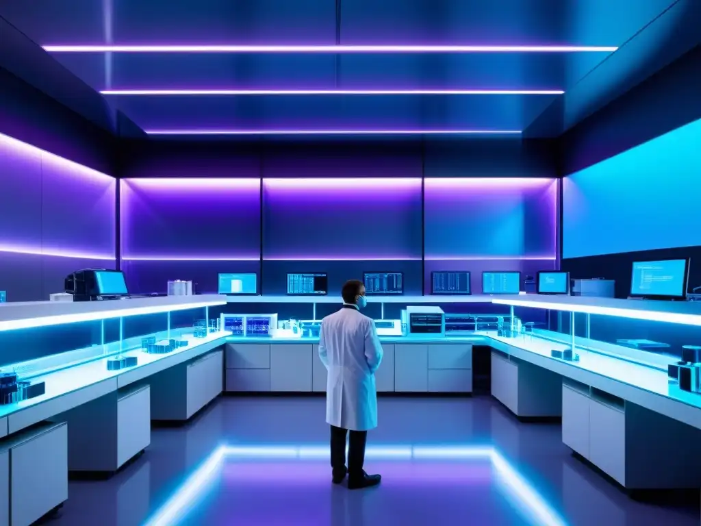 Un laboratorio futurista con científicos manipulando tecnología de edición genética, bajo luces fluorescentes