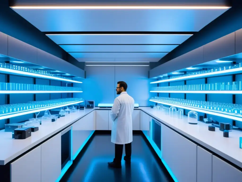 Un laboratorio futurista con científicos fabricando nanodispositivos