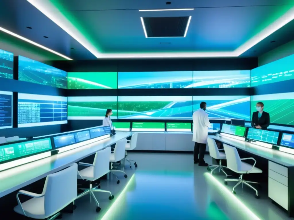 Un laboratorio futurista con equipo de biotecnología avanzada, científicos trabajando en un proyecto innovador, rodeados de pantallas holográficas y luces azules y verdes