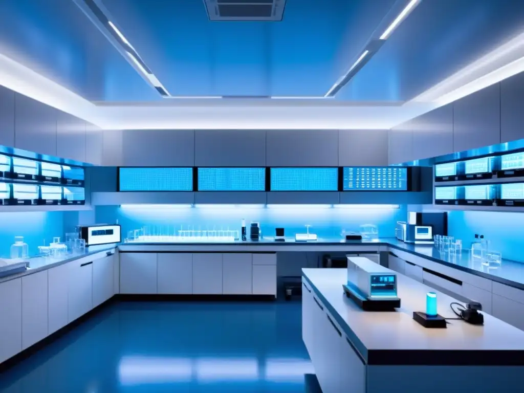 Un laboratorio futurista con investigadores desarrollando patentes de anticuerpos monoclonales en biotecnología, rodeados de tecnología de vanguardia