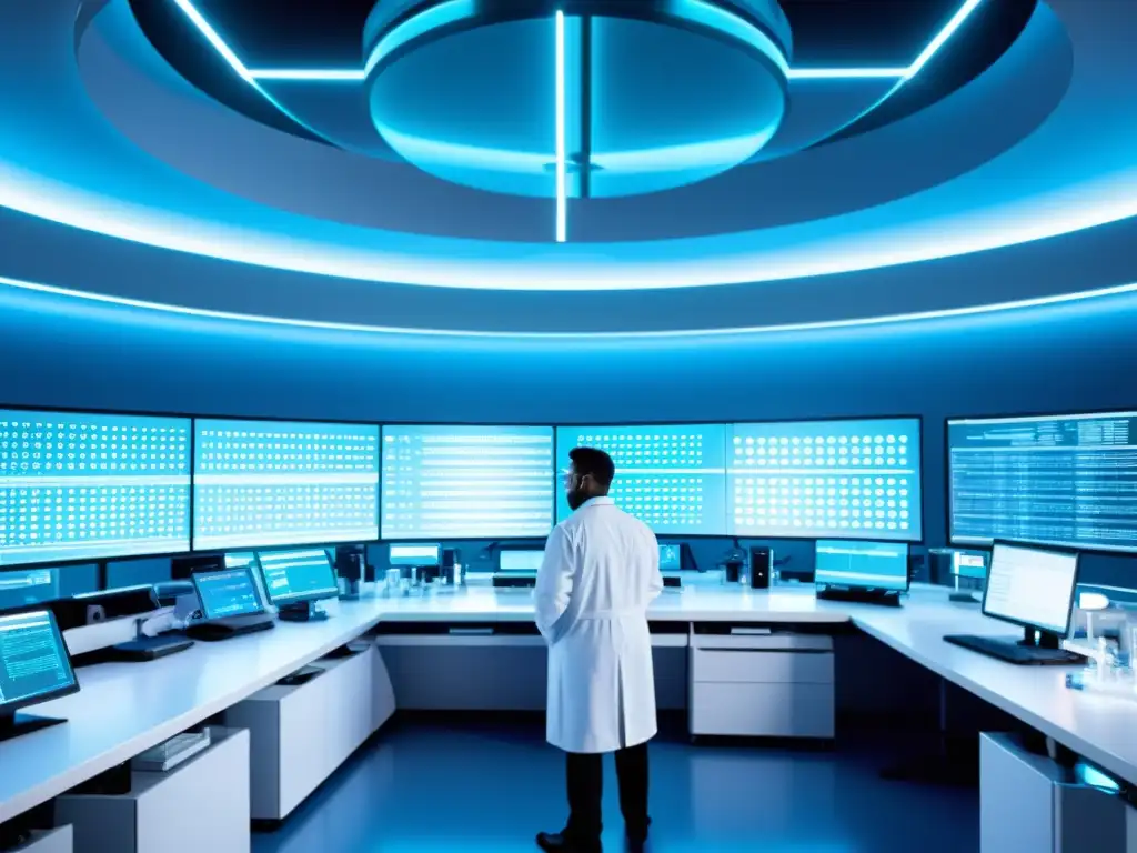 Un laboratorio futurista lleno de equipamiento biotecnológico avanzado, científicos trabajando en edición genética y secuenciación de ADN, con secuencias genéticas holográficas brillantes en un ambiente bañado por una suave luz azul