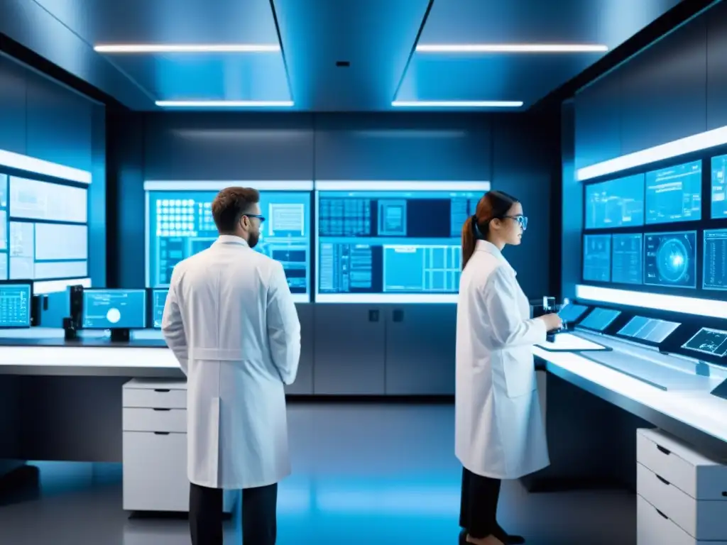 Un laboratorio futurista lleno de tecnología avanzada y científicos examinando materiales nanotecnológicos con microscopios