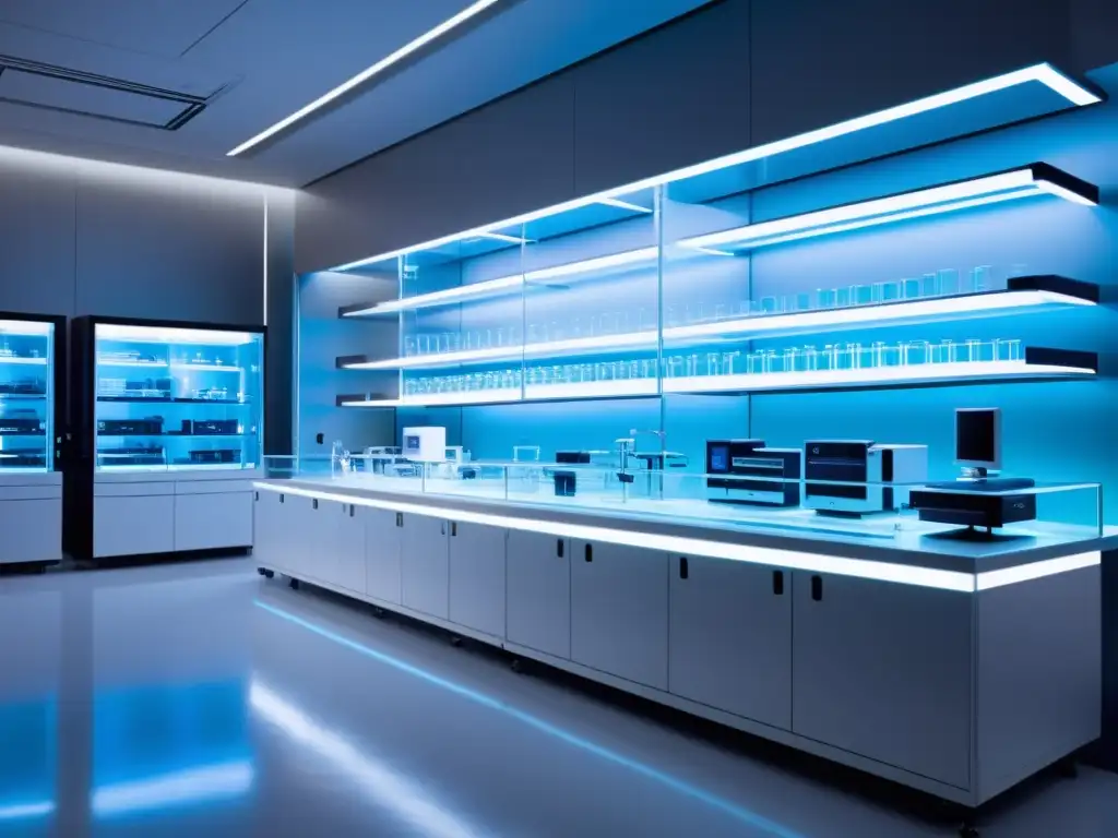 Un laboratorio futurista y minimalista con tecnología biológica avanzada y un ambiente de innovación