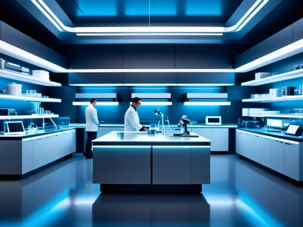 Un laboratorio futurista de nanotecnología avanzada con equipo innovador y científicos trabajando en patentes de vanguardia