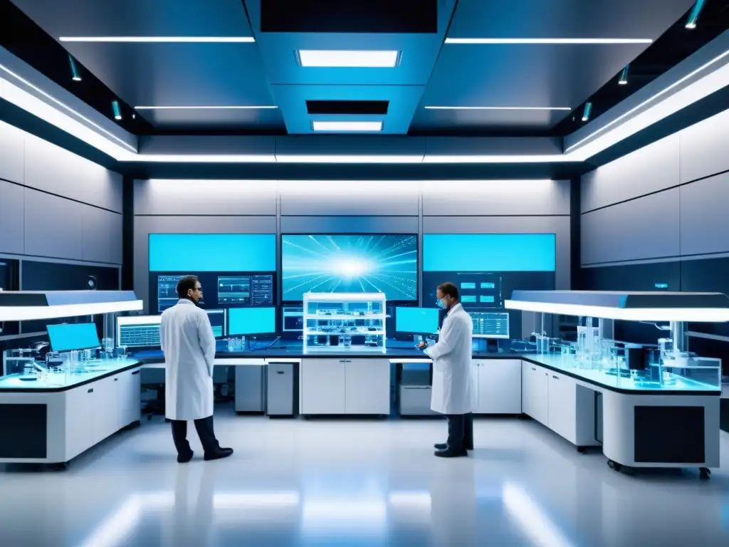 Un laboratorio futurista de nanotecnología con científicos trabajando en proyectos de vanguardia
