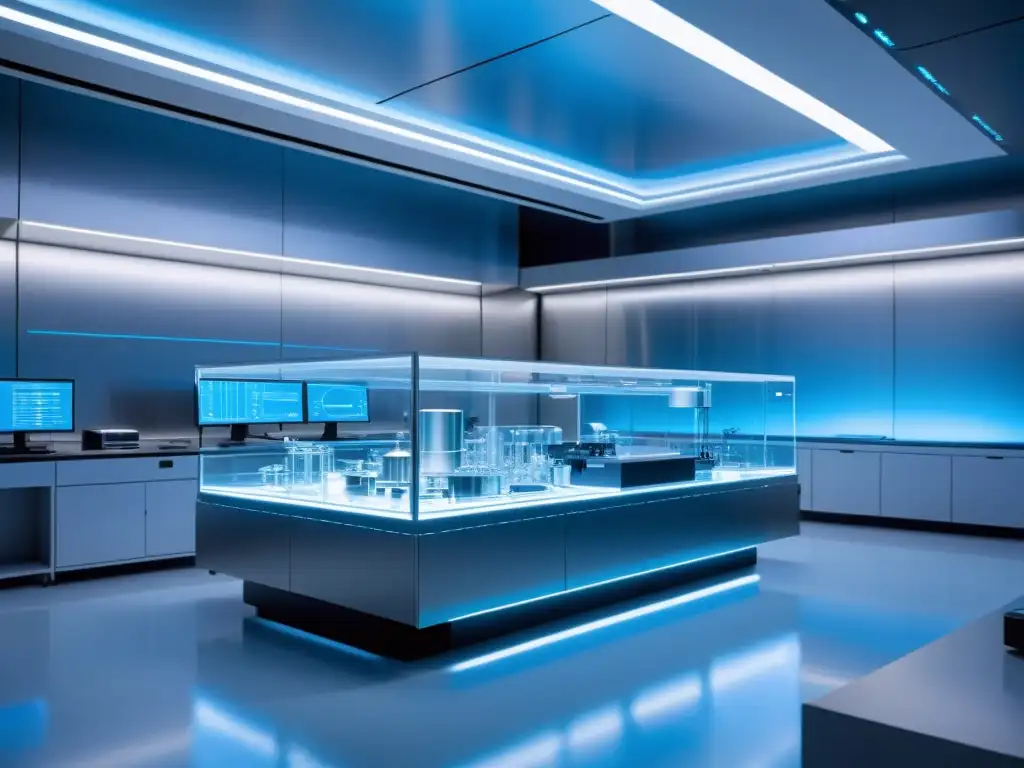 Un laboratorio futurista de nanotecnología con científicos realizando experimentos con precisión bajo una luz azul suave
