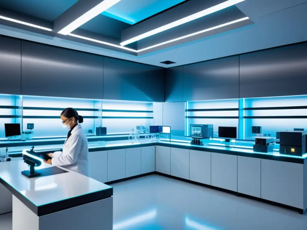 Un laboratorio futurista de nanotecnología con científicos trabajando en investigación de vanguardia