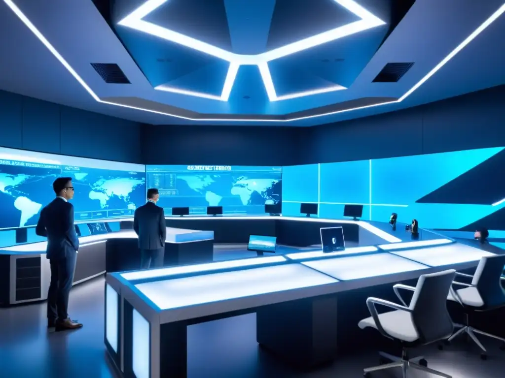Un laboratorio de simulación de inteligencia artificial futurista con estaciones de trabajo y pantallas holográficas brillantes