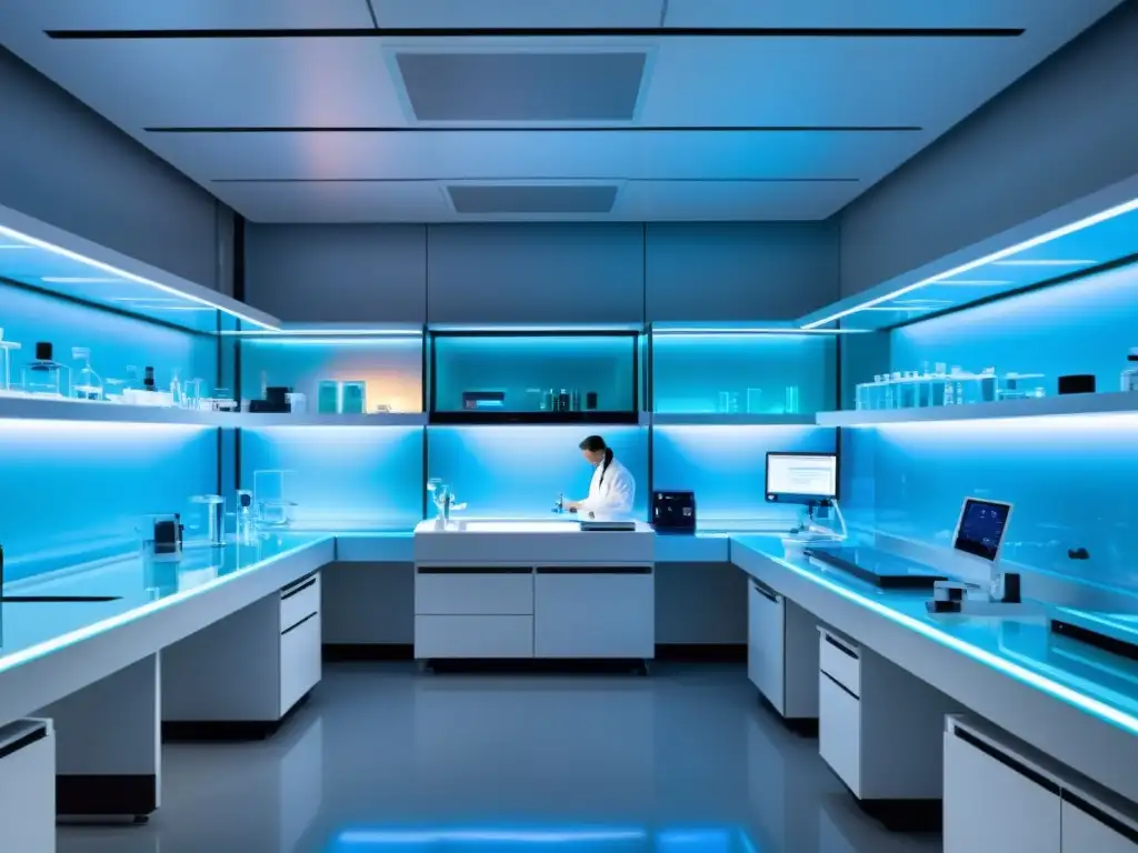 Un laboratorio médico futurista, científicos realizan experimentos de alta tecnología