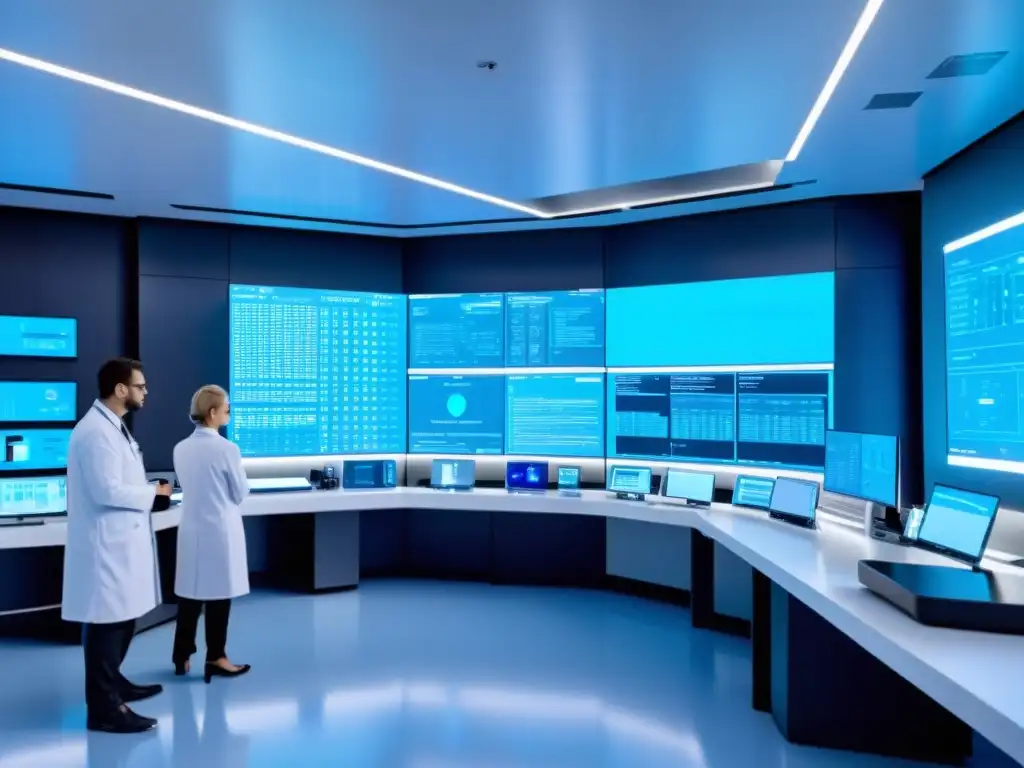 Un laboratorio médico futurista con científicos discutiendo datos en pantallas holográficas y brazos robóticos realizando tareas