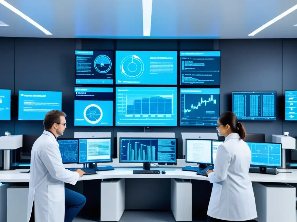 Un laboratorio moderno de alta tecnología con científicos trabajando en nanotecnología, rodeados de pantallas futuristas mostrando datos relacionados con patentes