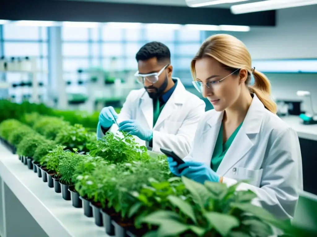 Un laboratorio moderno con científicos en batas blancas, equipamiento de biotecnología de vanguardia y mucha vegetación