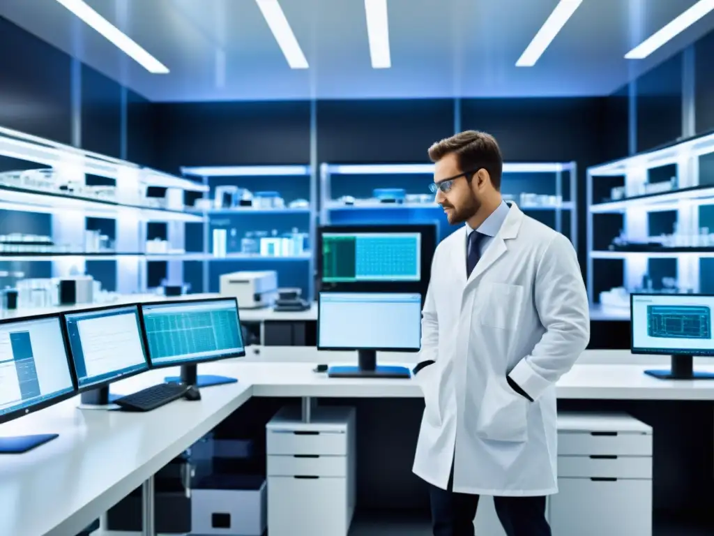 Un laboratorio moderno con científicos trabajando en equipos de nanotecnología