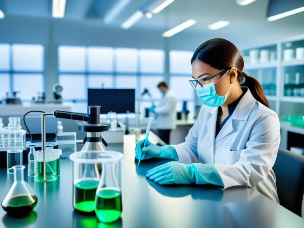 Un laboratorio moderno donde científicos trabajan en experimentos biotecnológicos, explorando desafíos y estrategias en patentes biológicas