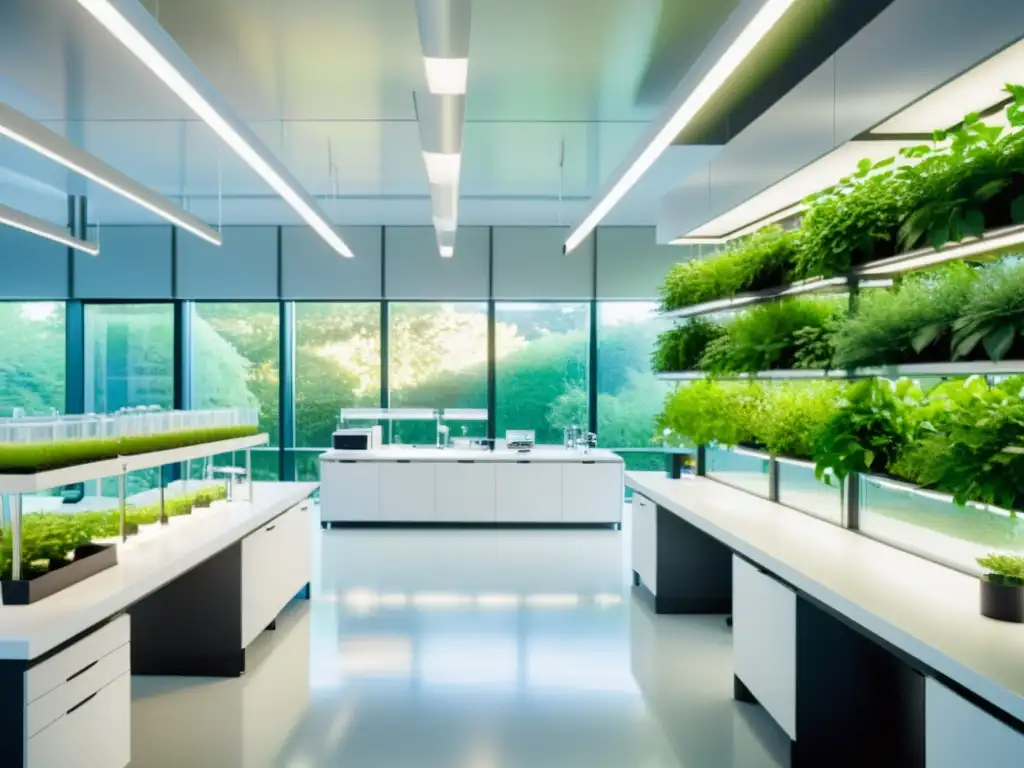 Un laboratorio moderno con equipo futurista, plantas integradas y luz natural