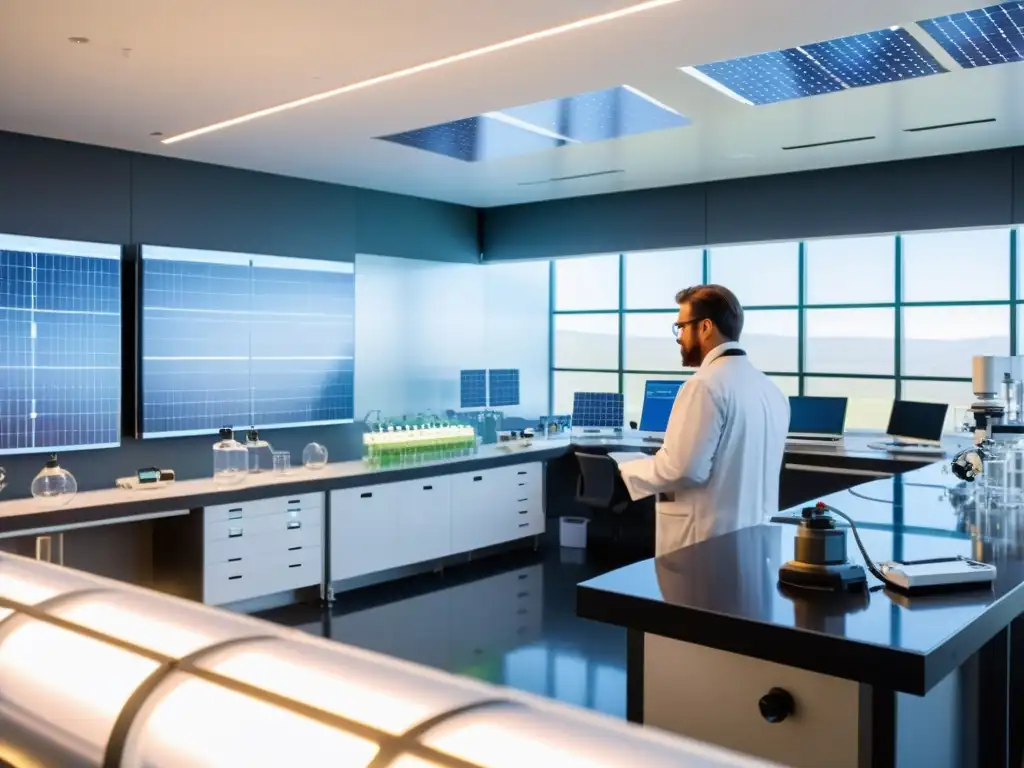 Un laboratorio moderno y luminoso donde científicos trabajan en tecnologías de energía renovable