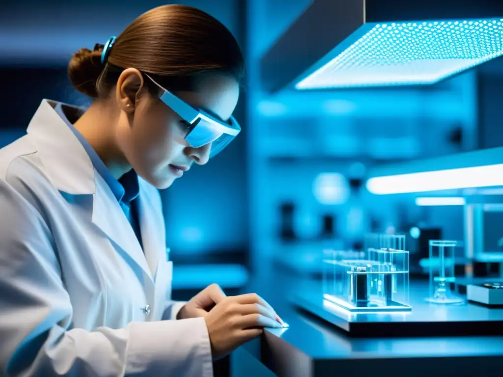 Un laboratorio de nanotecnología avanzada iluminado con luz azul, científicos trabajando con precisión en patentes en nanotecnología avanzada