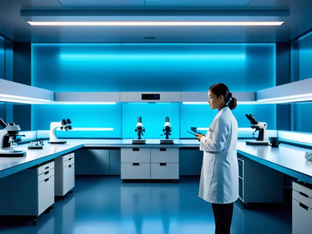 Un laboratorio de investigación en nanotecnología avanzada con microscopios y científicos en batas blancas, iluminado con un suave resplandor azul