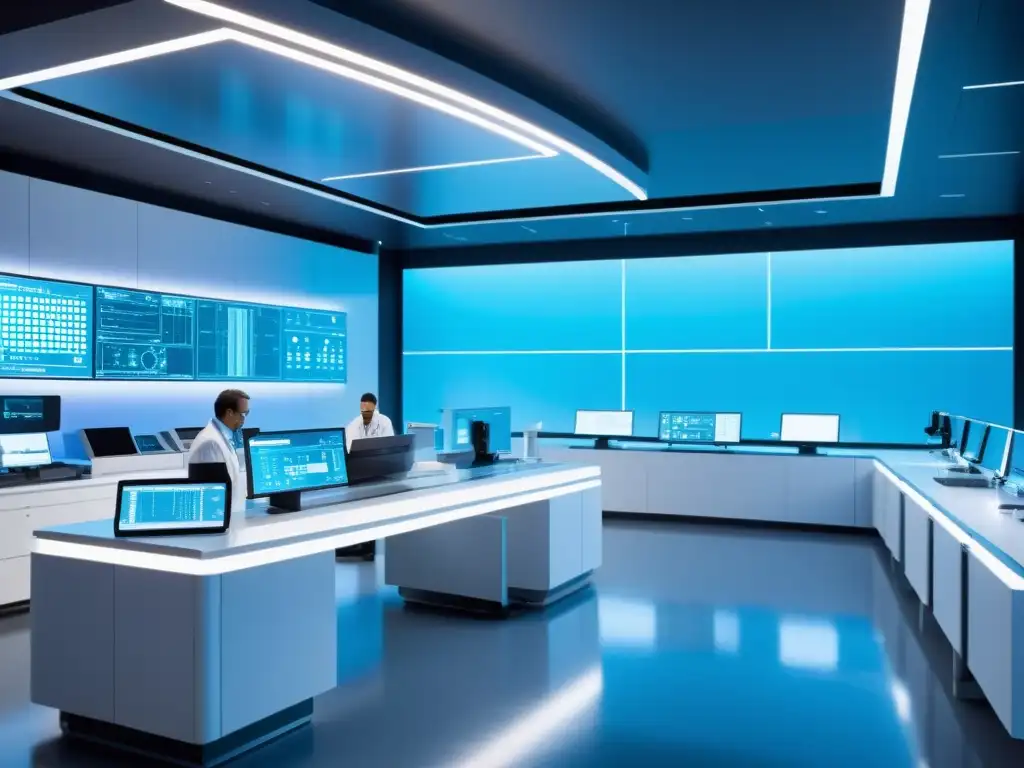 Un laboratorio de nanotecnología futurista con científicos trabajando en patentes e innovaciones, bañado en luz azul y blanca