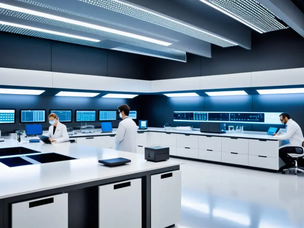 Un laboratorio de nanotecnología futurista con equipo de vanguardia y científicos trabajando en tecnologías patentables