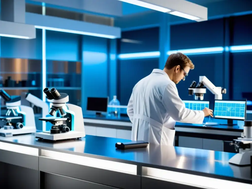 Un laboratorio de nanotecnología brillantemente iluminado, con científicos en batas blancas trabajando con microscopios avanzados y equipos futuristas, revelando la innovación en patentes nanotecnológicas y propiedad intelectual