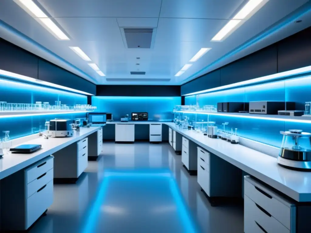 Un laboratorio de nanotecnología de vanguardia, con científicos trabajando en experimentos y equipo futurista, bañado en una suave luz azul