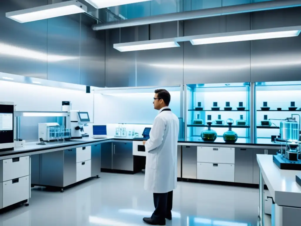 Un laboratorio de tecnología limpia con científicos trabajando en innovadoras patentes tecnológicas, impactando el avance en energía limpia