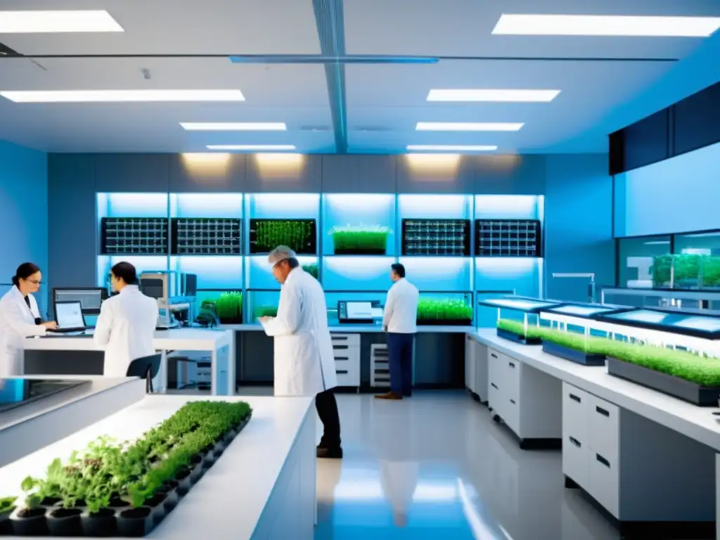 Innovación en laboratorio agrícola con tecnología de vanguardia y científicos trabajando en proyectos de patentes