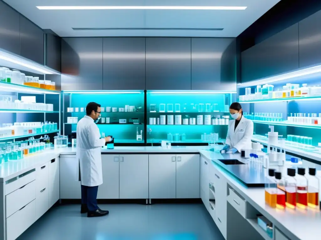 Un laboratorio de investigación farmacéutica ultradetallado en 8k, con científicos trabajando en la formulación de medicamentos