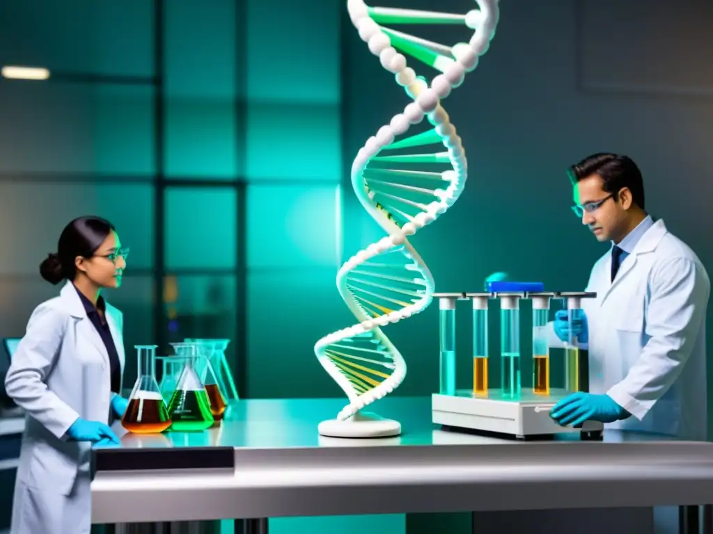 Un laboratorio vibrante con científicos manipulando una hebra de ADN
