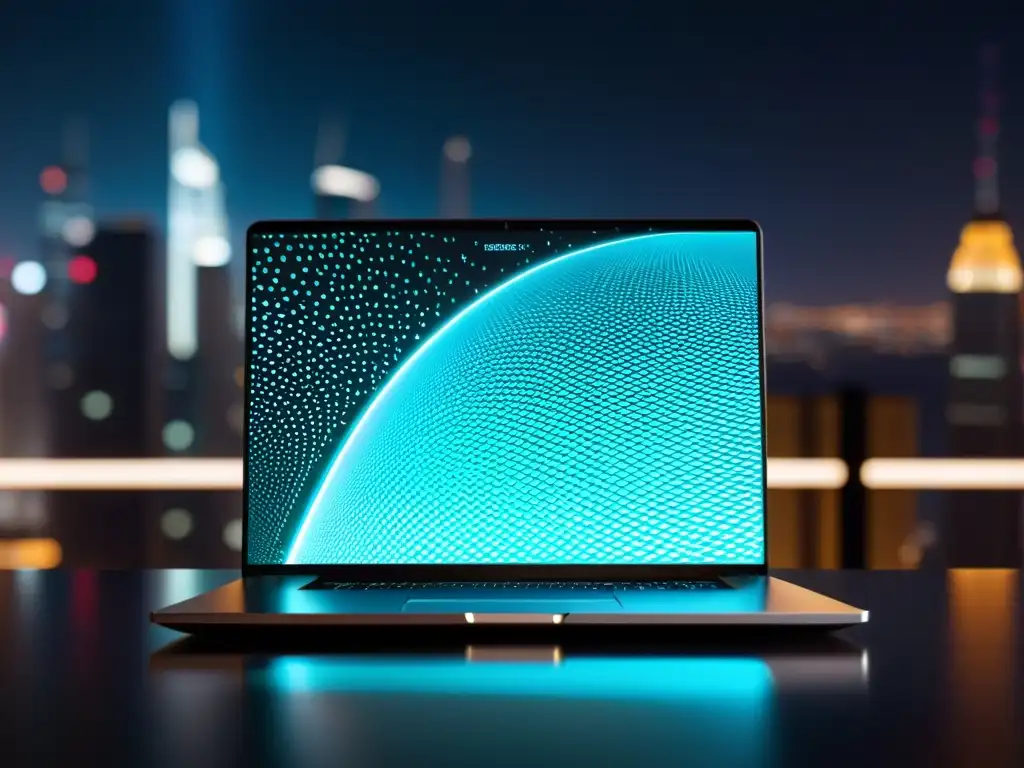Una laptop futurista con patrones de código y un candado digital