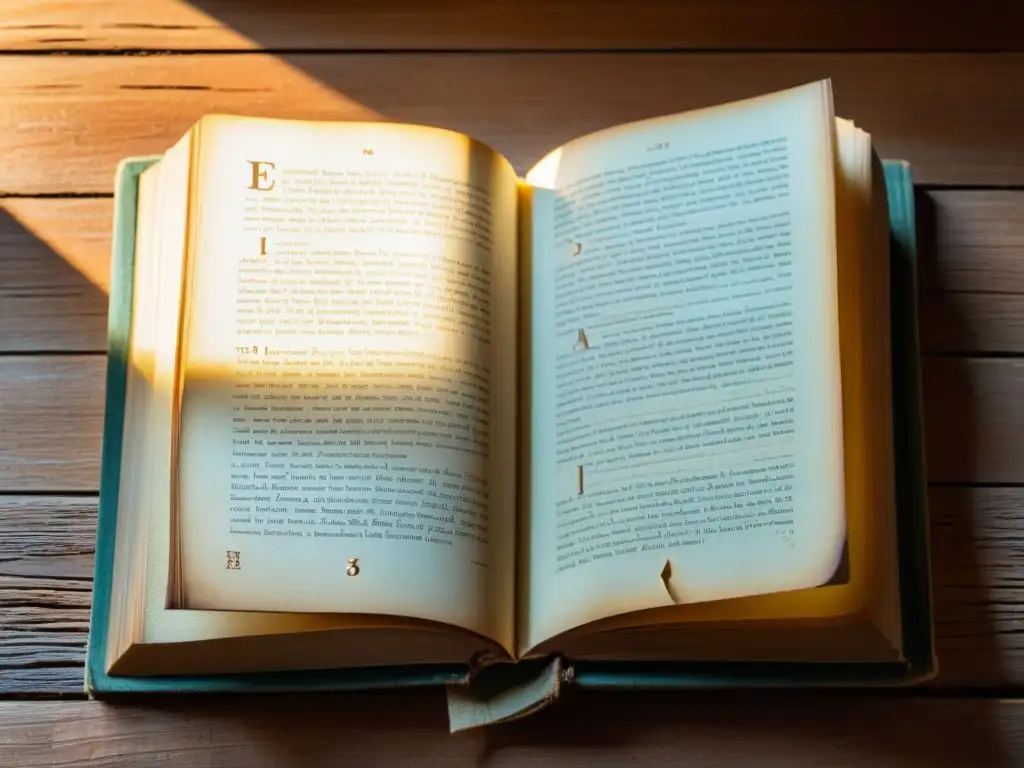 Un libro antiguo y desgastado abierto sobre una mesa de madera, iluminado por la suave luz natural