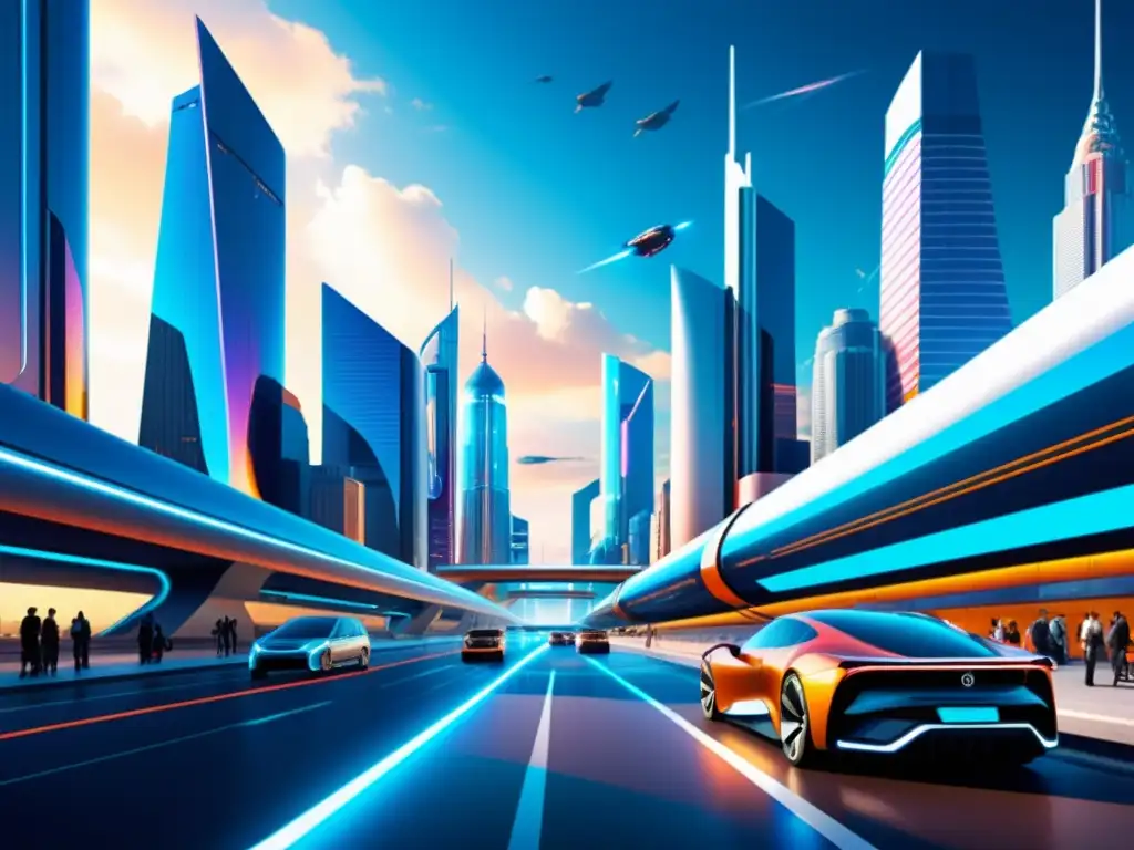 Límites responsabilidades derechos autor: Ilustración digital de una ciudad futurista con rascacielos, vehículos y un cielo tecnológico vibrante