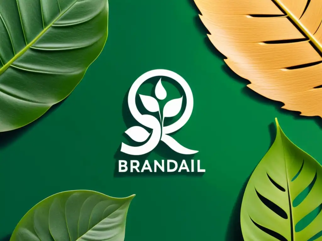 Logo de marca verde integrado con elementos naturales como hojas, agua y luz solar, simbolizando la relación armoniosa entre identidad de marca y protección ambiental
