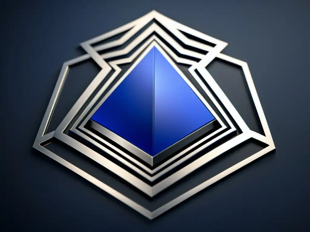 Un logo moderno en plata y azul real, con patrones geométricos intrincados, refleja fuerza, innovación y confianza