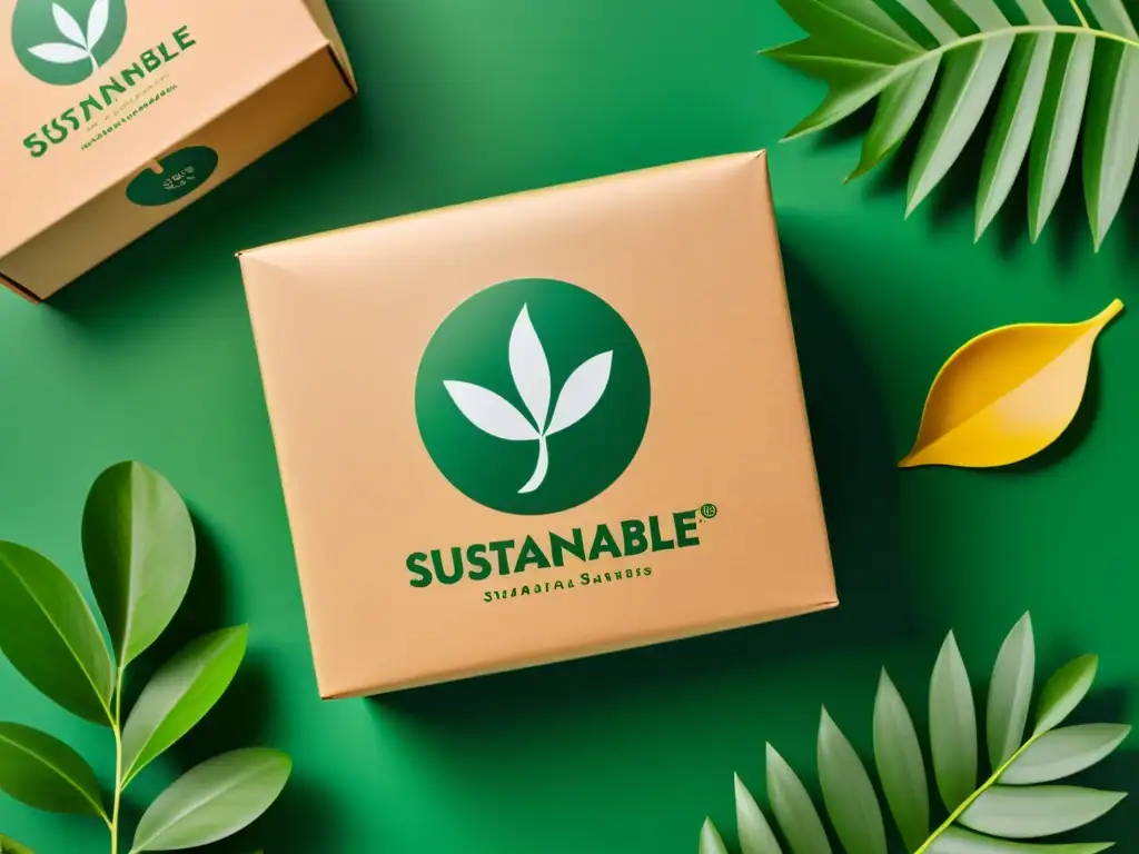 Logotipo de marca sostenible en envase ecológico rodeado de naturaleza, reflejando su compromiso con el medio ambiente y la responsabilidad
